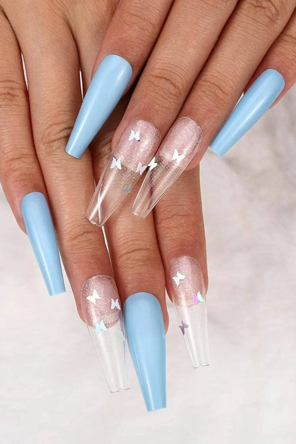Press On Nails Matte Glossy Neon French Tip Coffin Nail Kit - Blue & Clear