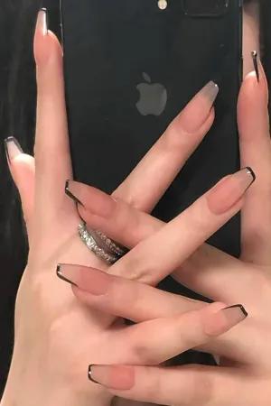Press On Nails Nude Glossy Black French Tip Coffin Nail Kit