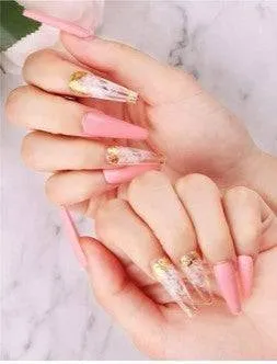 Press On Nails Pink Glossy Coffin White And Gold Nail Kit