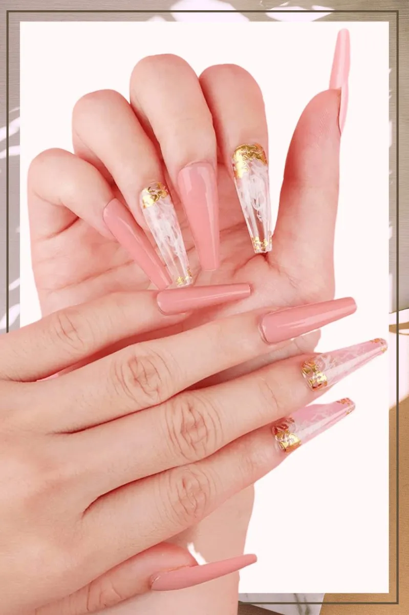 Press On Nails Pink Glossy Coffin White And Gold Nail Kit