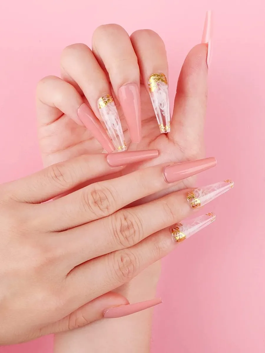Press On Nails Pink Glossy Coffin White And Gold Nail Kit