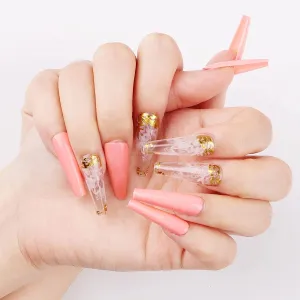 Press On Nails Pink Glossy Coffin White And Gold Nail Kit