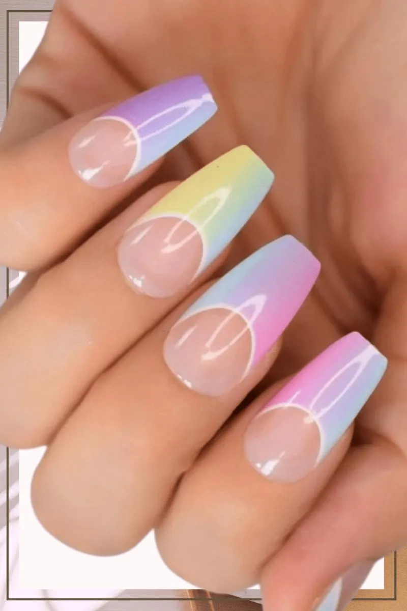 Press On Nails Rainbow Glossy Ombre French Coffin Nail Kit