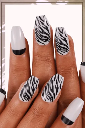 Press On Nails White And Black Zebra French Tip Coffin Animal Print Nails Kit