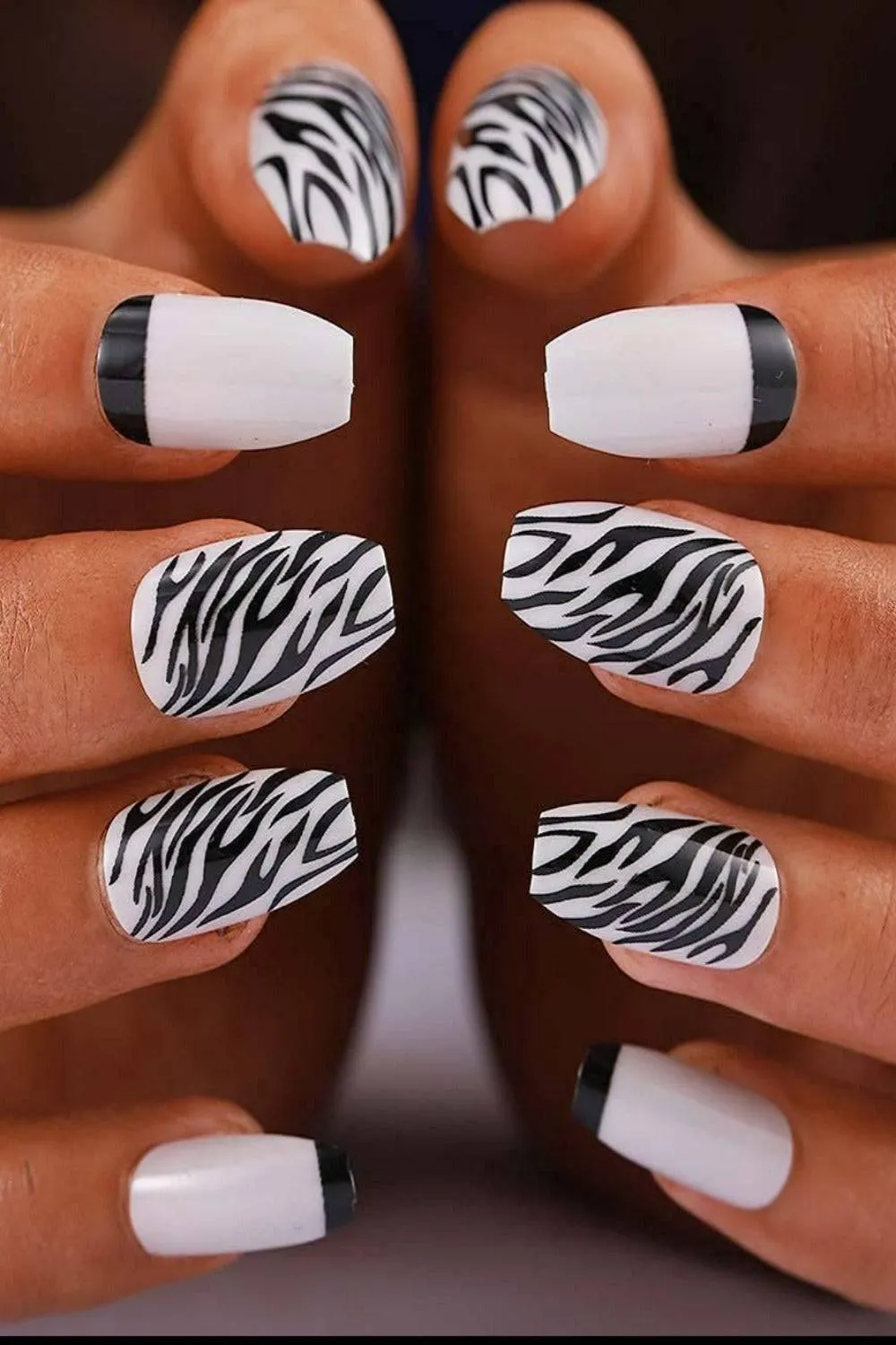 Press On Nails White And Black Zebra French Tip Coffin Animal Print Nails Kit