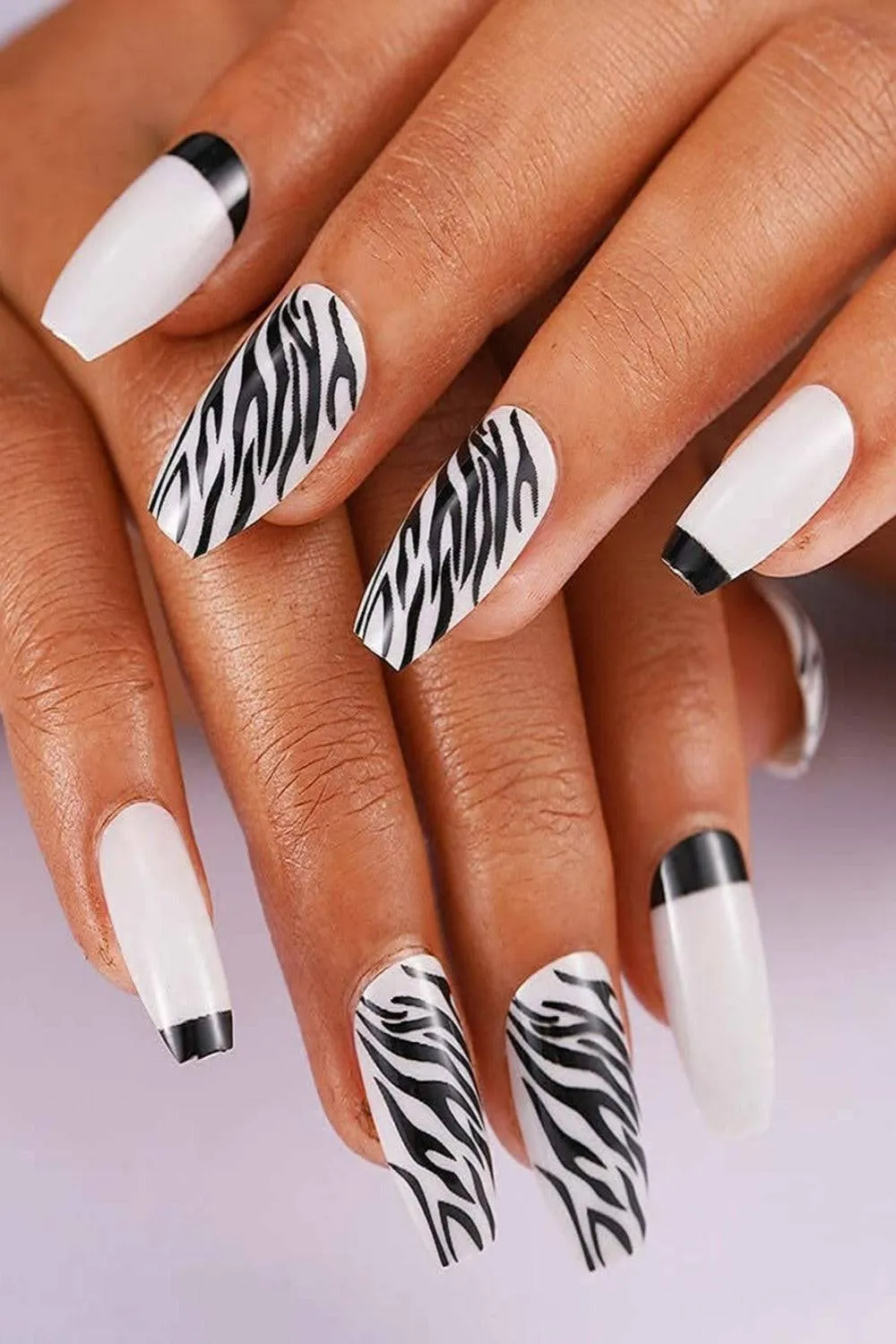 Press On Nails White And Black Zebra French Tip Coffin Animal Print Nails Kit