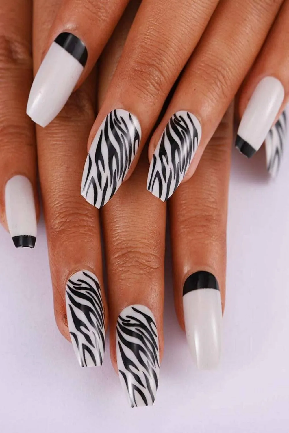 Press On Nails White And Black Zebra French Tip Coffin Animal Print Nails Kit