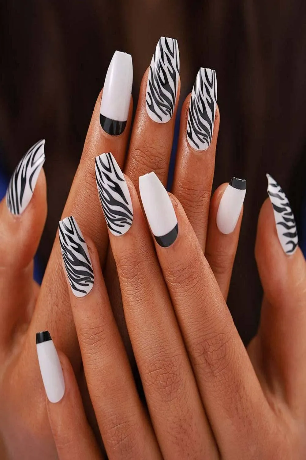 Press On Nails White And Black Zebra French Tip Coffin Animal Print Nails Kit