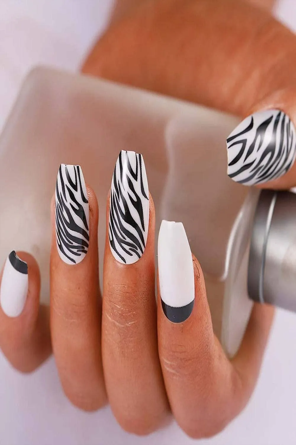 Press On Nails White And Black Zebra French Tip Coffin Animal Print Nails Kit