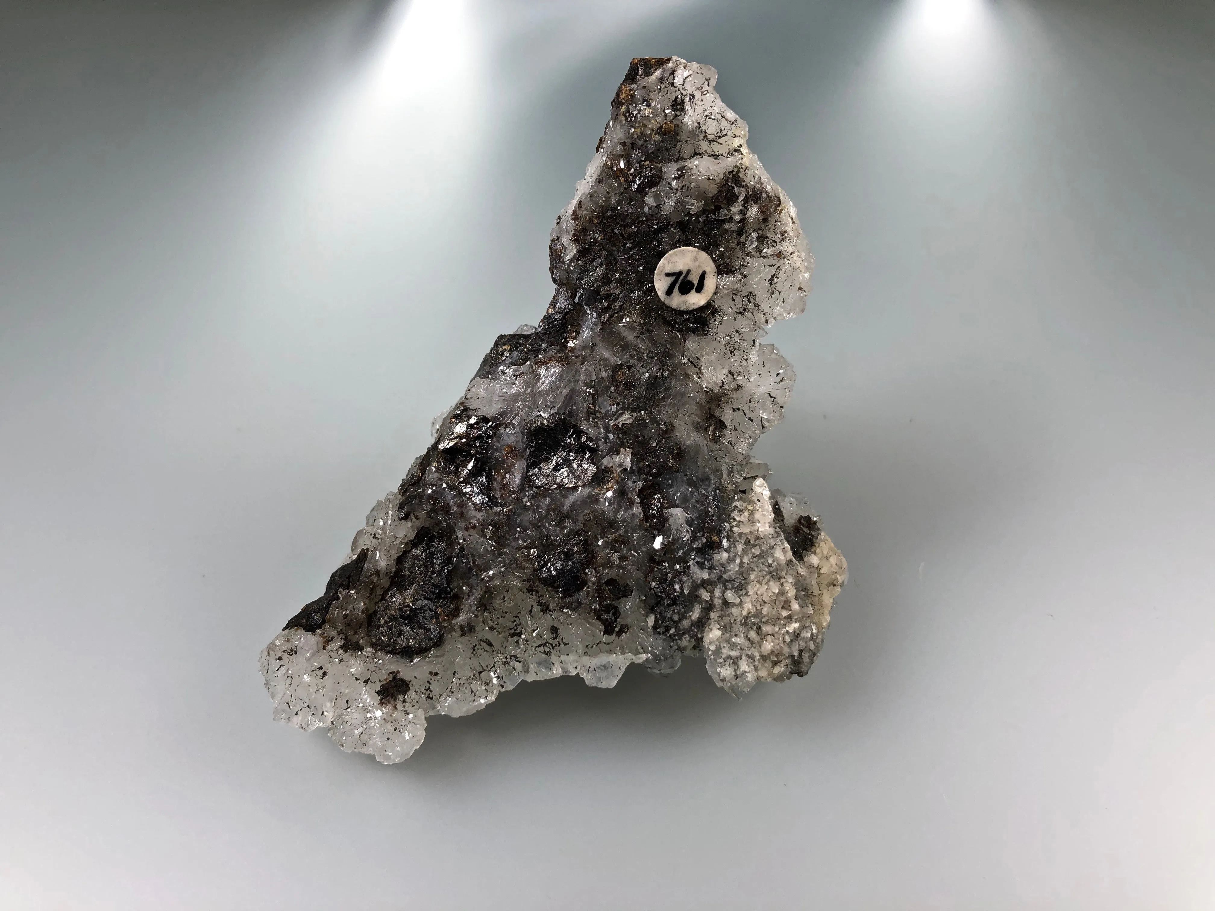 Quartz and Sphalerite with Chalcopyrite, Sub-Rosiclare Level, W.L. Davis/Deardorff Mine, Ozark-Mahoning Company, CIR District, Southern Illinois, Mined c. 1950's ex. Louis Lafayette Collection #761, Small Cabinet 3.0 x 6.5 x 10.0 cm, $125. Online 10/9.