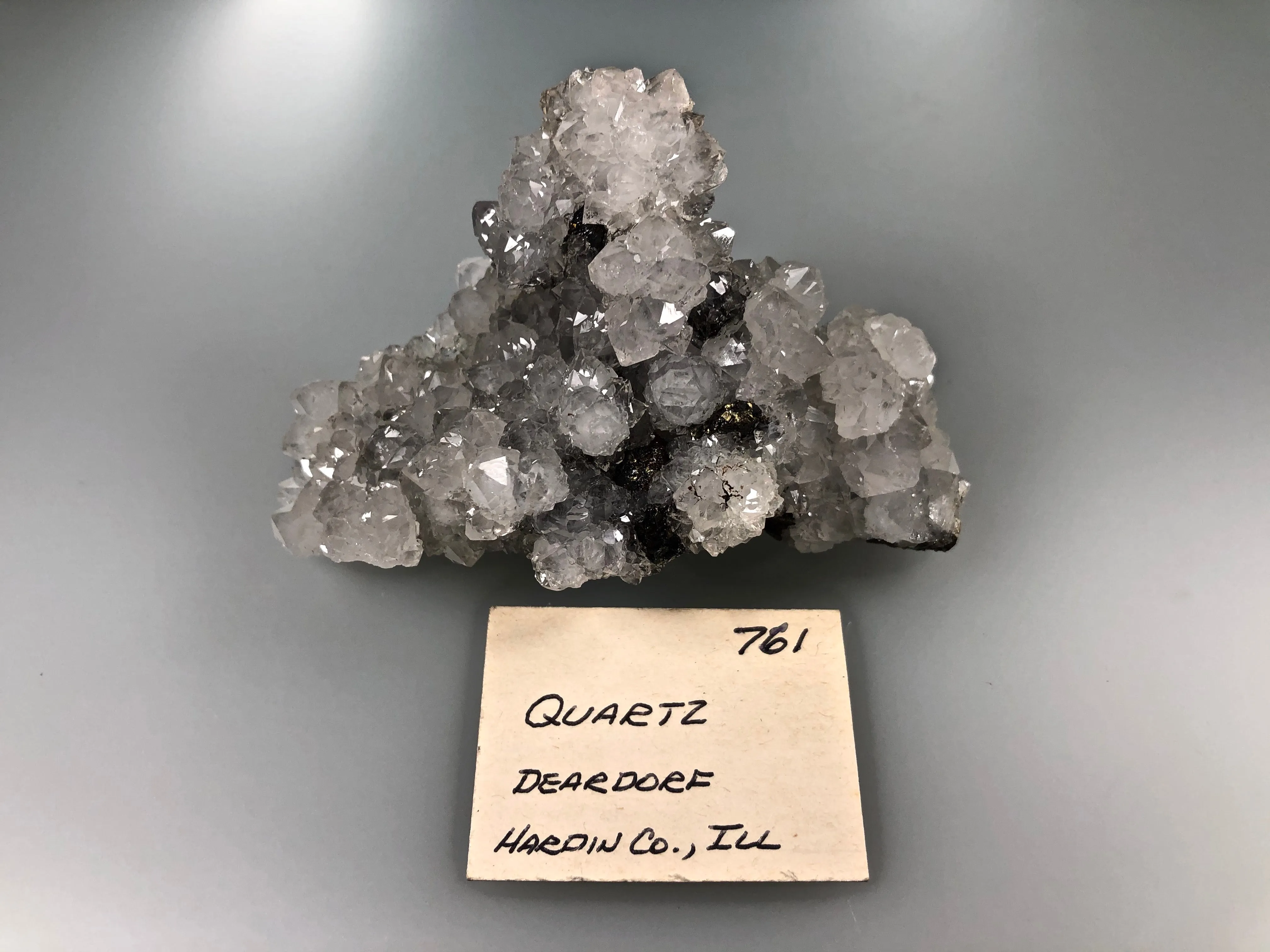 Quartz and Sphalerite with Chalcopyrite, Sub-Rosiclare Level, W.L. Davis/Deardorff Mine, Ozark-Mahoning Company, CIR District, Southern Illinois, Mined c. 1950's ex. Louis Lafayette Collection #761, Small Cabinet 3.0 x 6.5 x 10.0 cm, $125. Online 10/9.