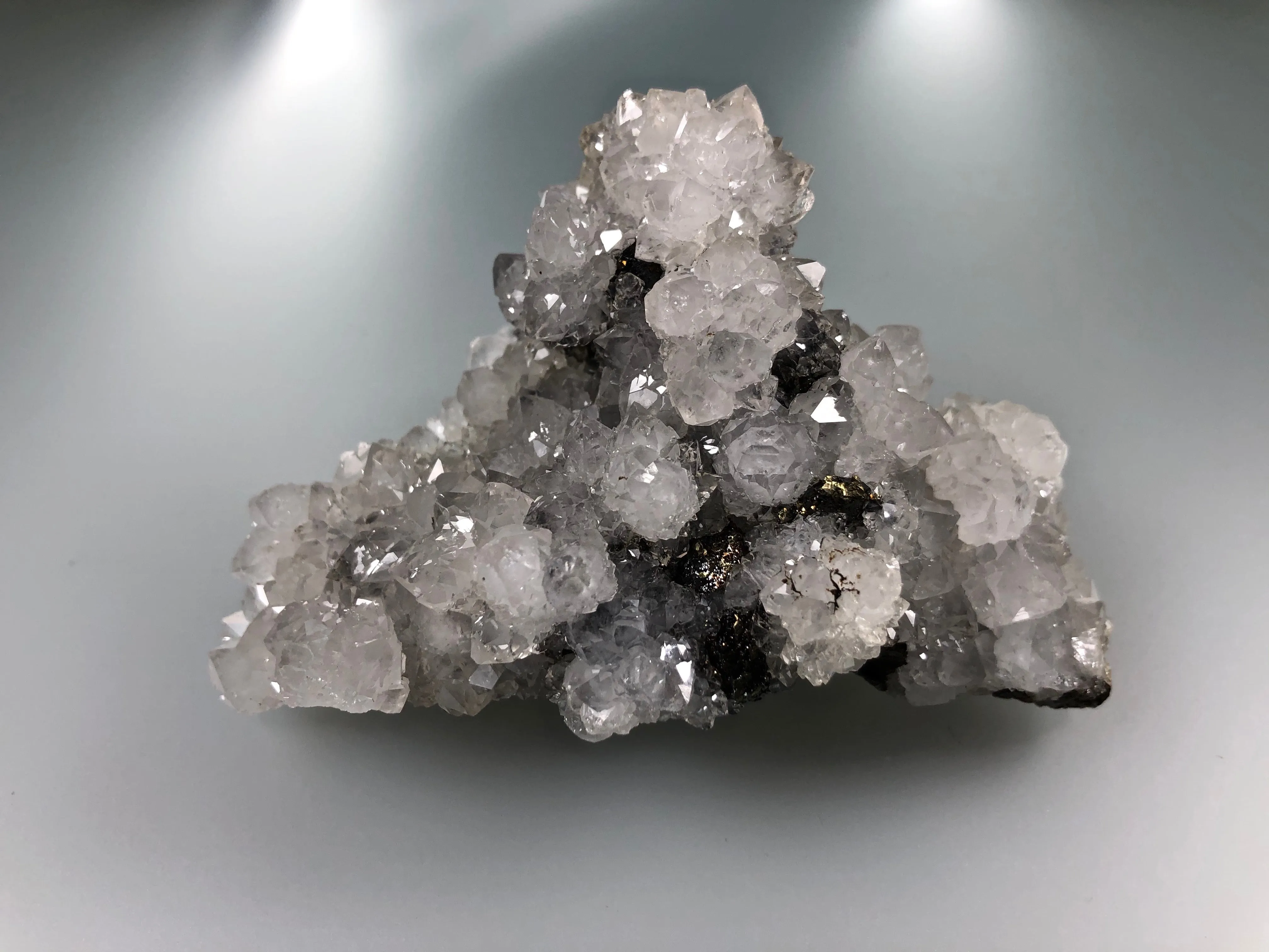 Quartz and Sphalerite with Chalcopyrite, Sub-Rosiclare Level, W.L. Davis/Deardorff Mine, Ozark-Mahoning Company, CIR District, Southern Illinois, Mined c. 1950's ex. Louis Lafayette Collection #761, Small Cabinet 3.0 x 6.5 x 10.0 cm, $125. Online 10/9.