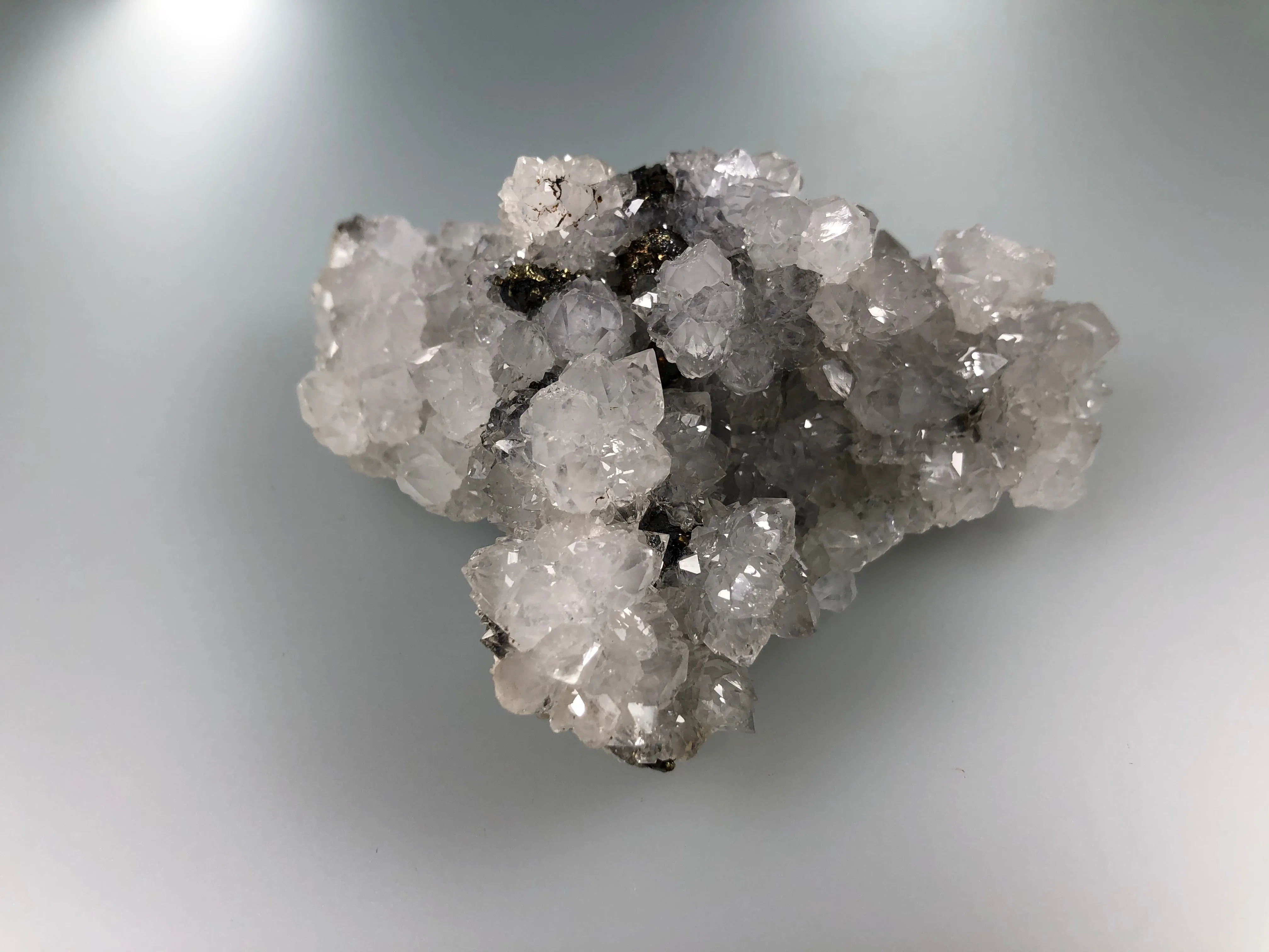Quartz and Sphalerite with Chalcopyrite, Sub-Rosiclare Level, W.L. Davis/Deardorff Mine, Ozark-Mahoning Company, CIR District, Southern Illinois, Mined c. 1950's ex. Louis Lafayette Collection #761, Small Cabinet 3.0 x 6.5 x 10.0 cm, $125. Online 10/9.