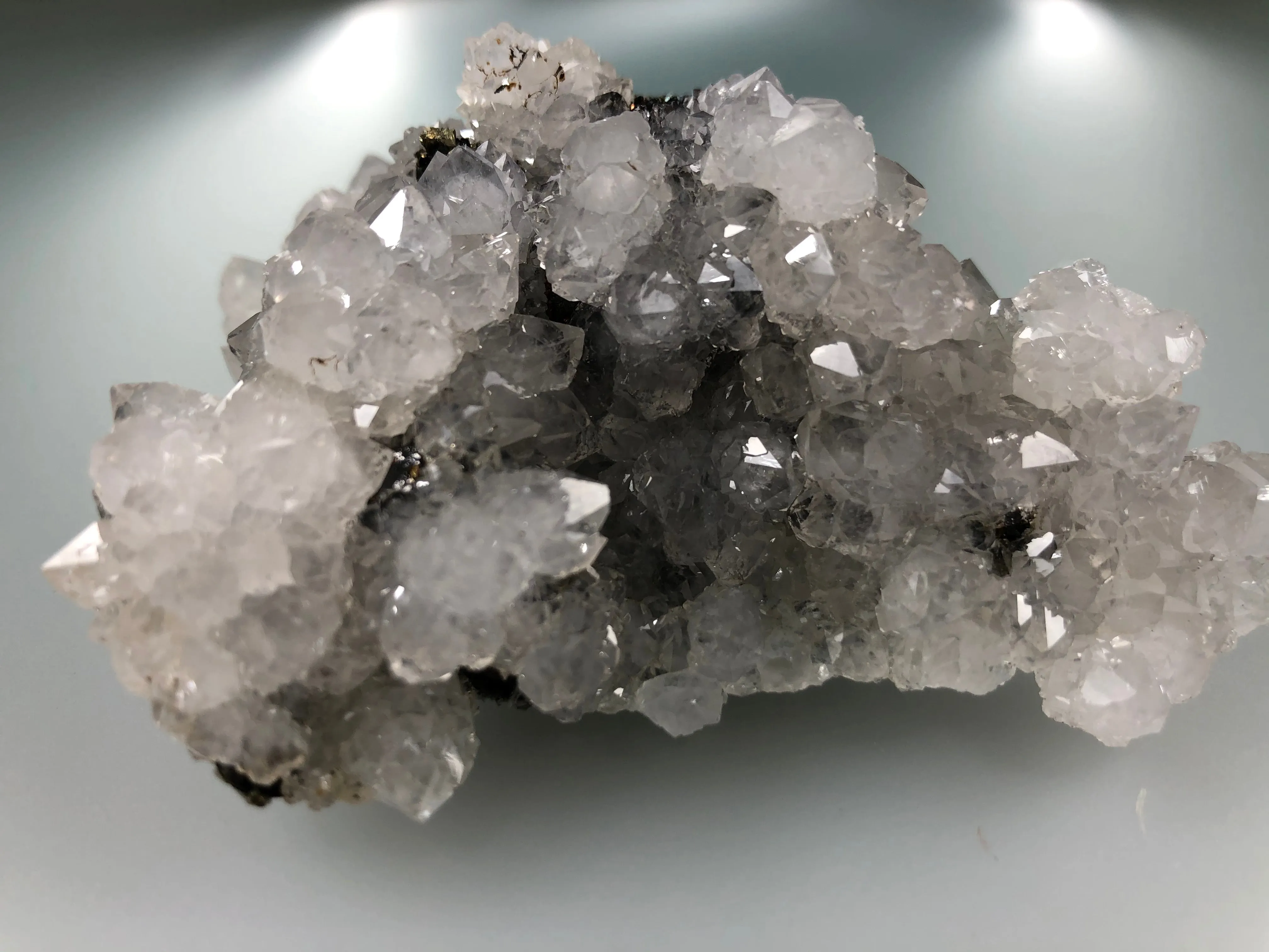 Quartz and Sphalerite with Chalcopyrite, Sub-Rosiclare Level, W.L. Davis/Deardorff Mine, Ozark-Mahoning Company, CIR District, Southern Illinois, Mined c. 1950's ex. Louis Lafayette Collection #761, Small Cabinet 3.0 x 6.5 x 10.0 cm, $125. Online 10/9.
