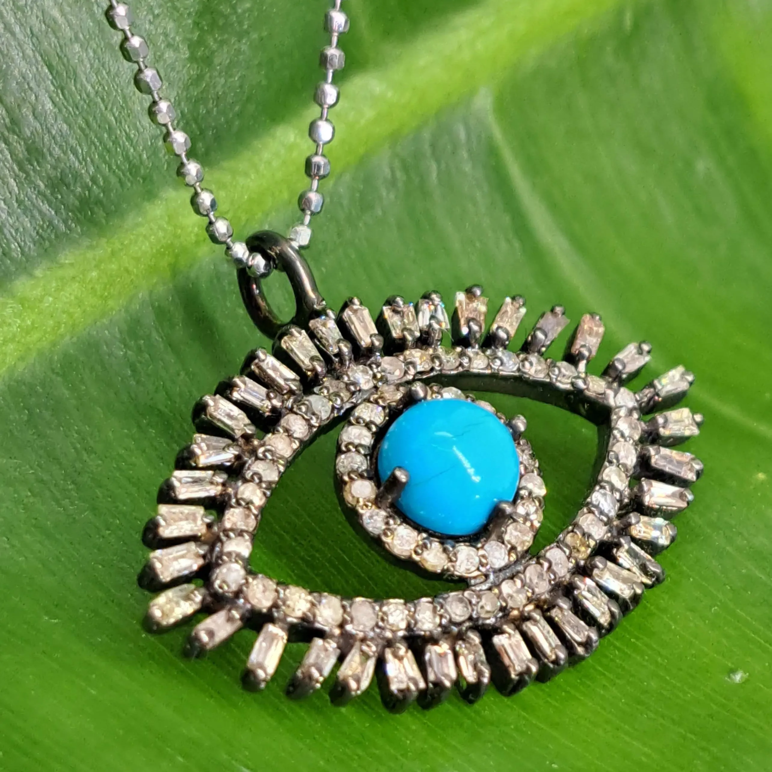 "Sparkly Eyes" Pendant Necklace - Turquoise, Diamonds, .925