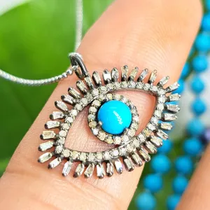 "Sparkly Eyes" Pendant Necklace - Turquoise, Diamonds, .925