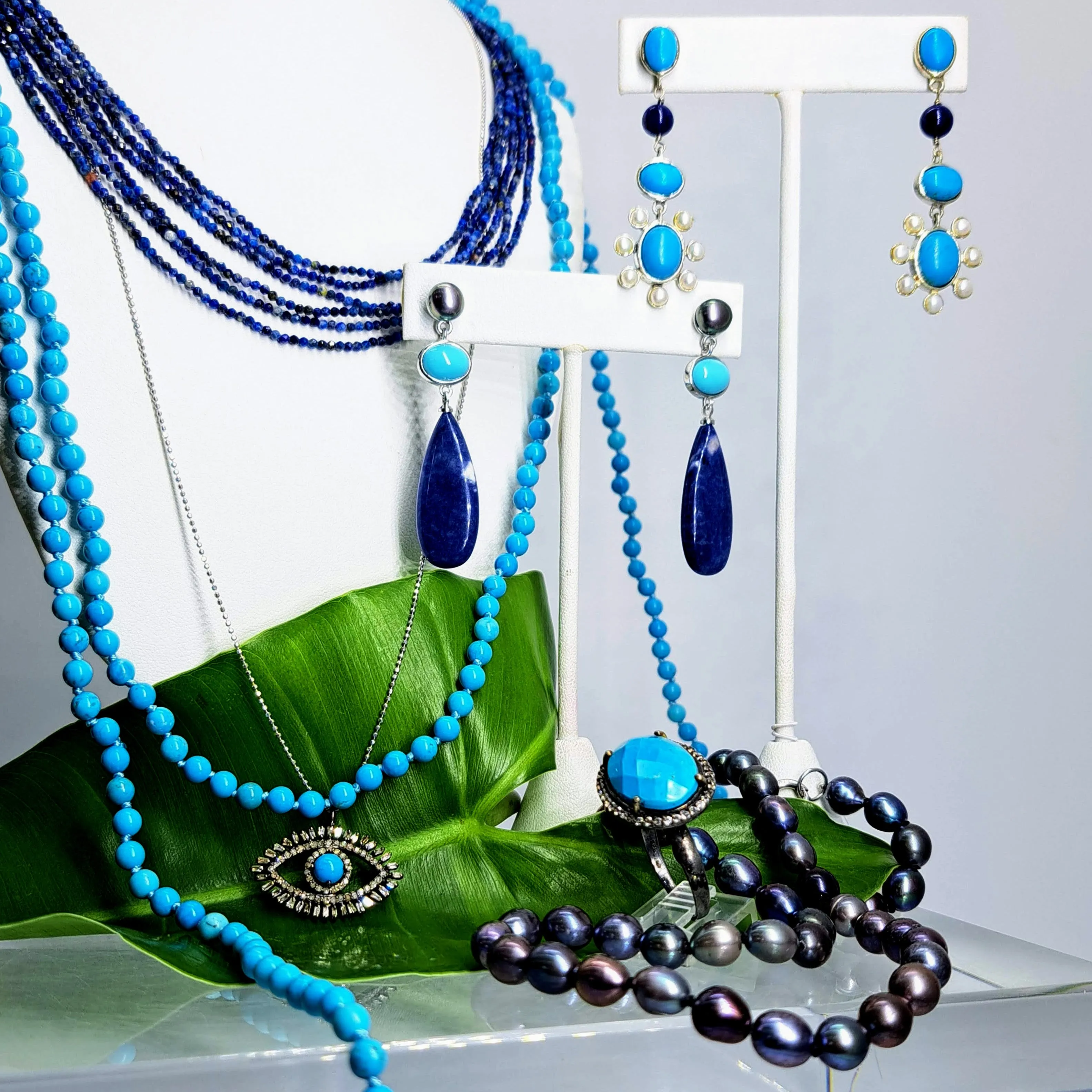 "Sparkly Eyes" Pendant Necklace - Turquoise, Diamonds, .925