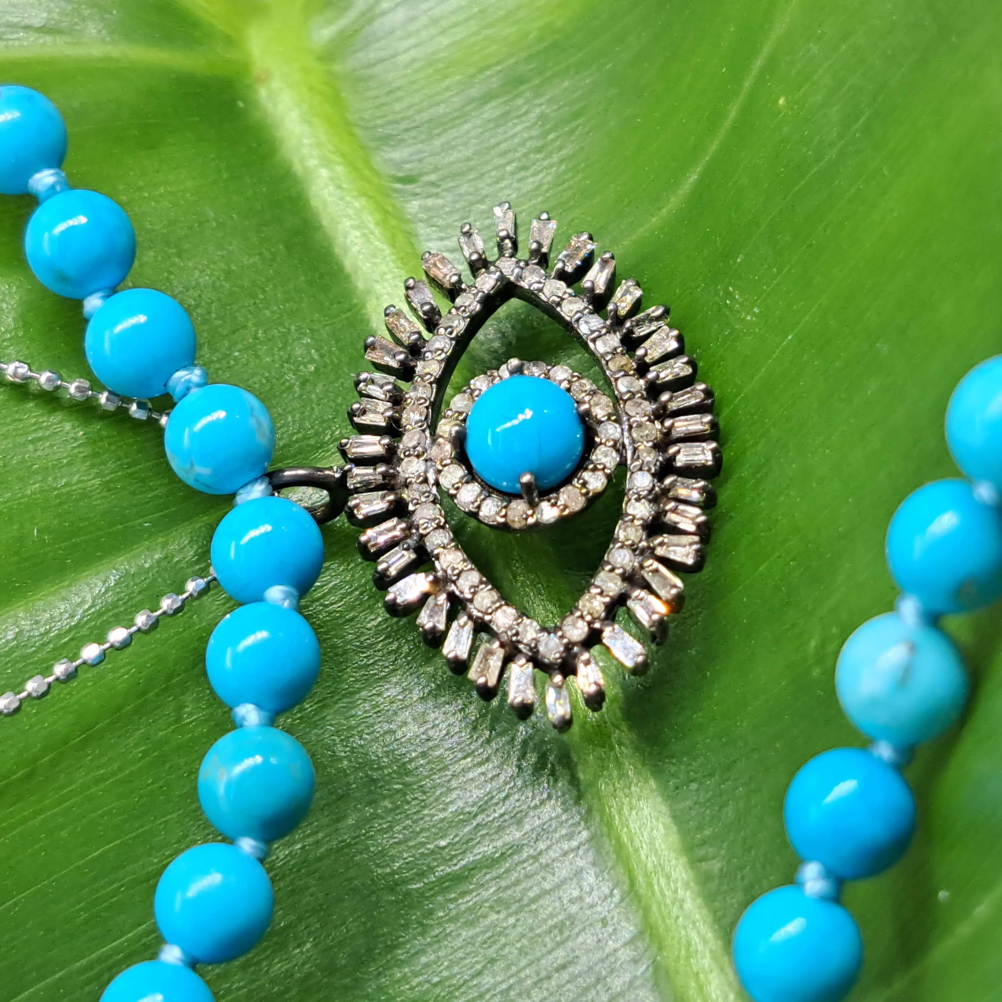 "Sparkly Eyes" Pendant Necklace - Turquoise, Diamonds, .925