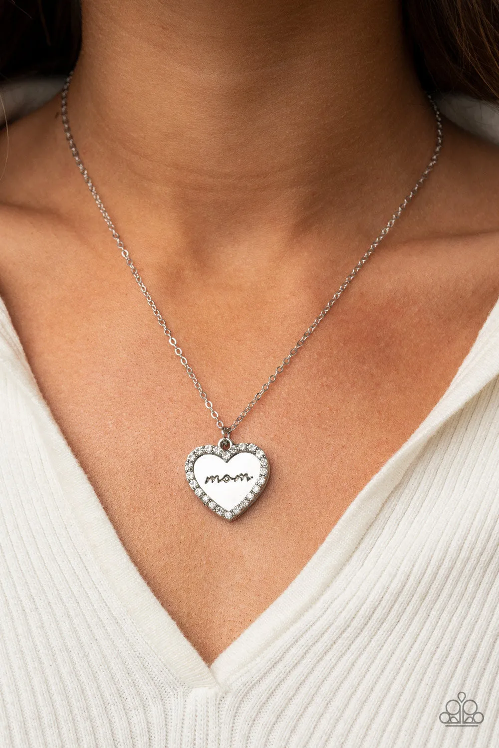 "The Real Boss" Silver Metal & White Rhinestone MOM Heart Necklace Set
