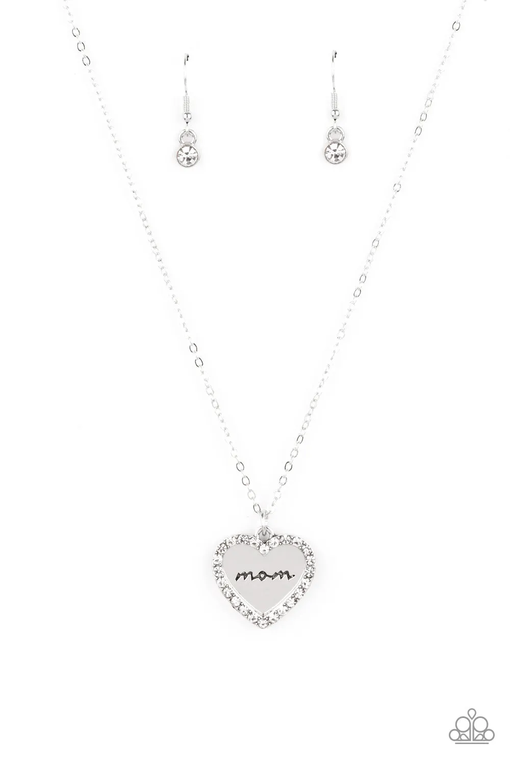 "The Real Boss" Silver Metal & White Rhinestone MOM Heart Necklace Set
