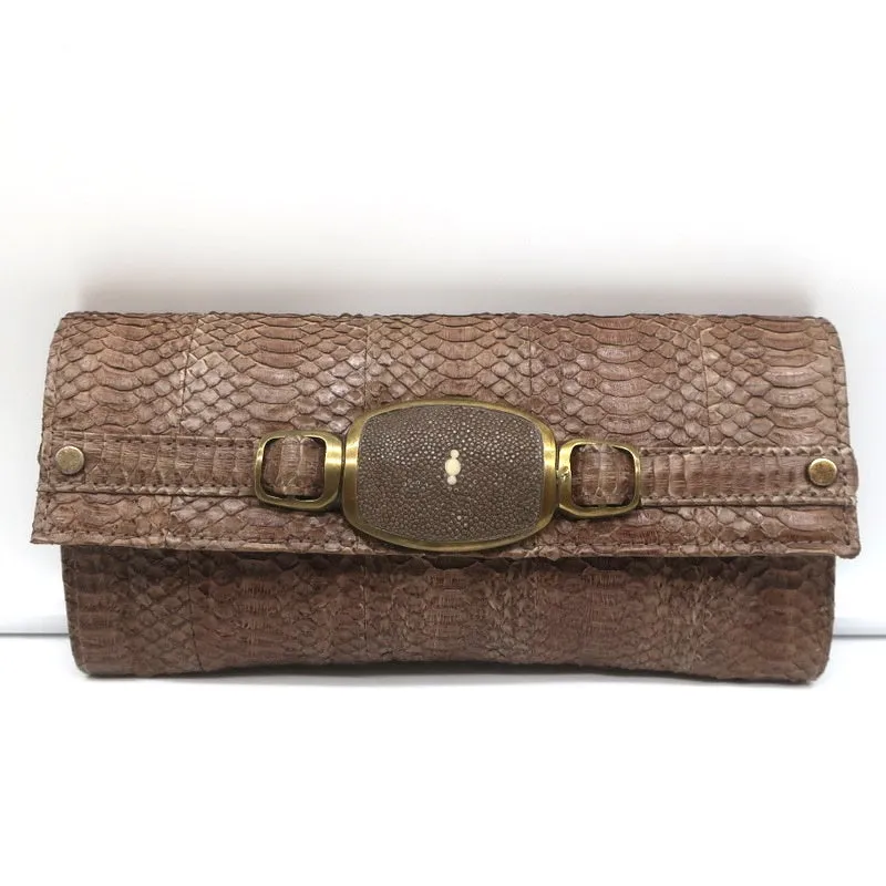 R&Y Augousti Clutch Brown Snakeskin & Stingray Evening Bag