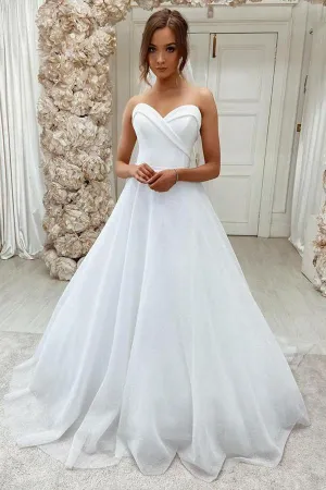 Roycebridal Sparkly White Tulle Lace A-line Sweetheart Sweep Train Wedding Dresses, MW613