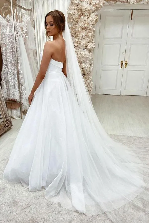 Roycebridal Sparkly White Tulle Lace A-line Sweetheart Sweep Train Wedding Dresses, MW613