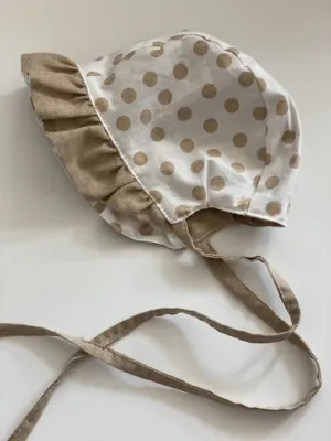 Ruffle Bonnet - Muted Polka Dots & Mocha