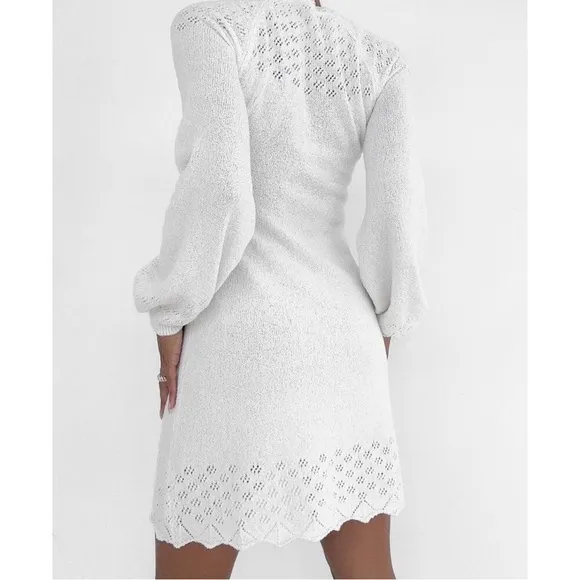 RUMORED Vermont Mini Dress Boho Chic White Long Sleeve Sweater Knit Short Dress