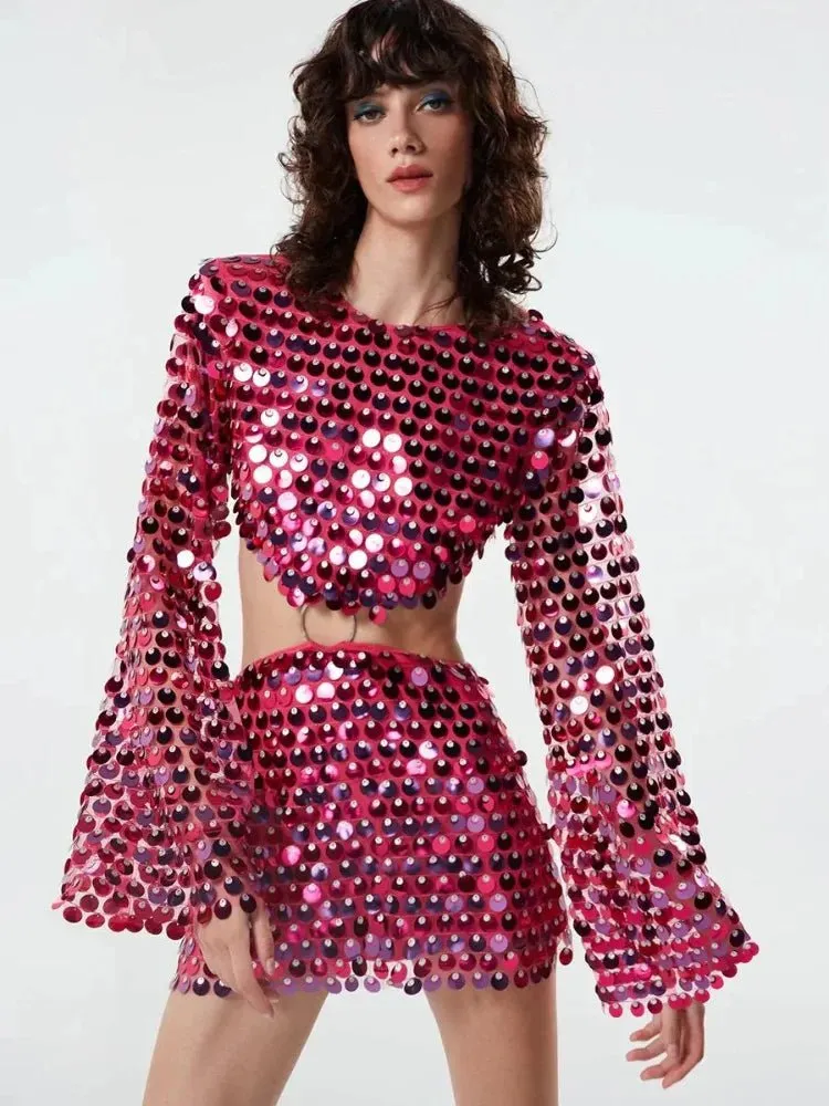 Sequin Embellished Cut-Out Mini Dress with Long Sleeves Round Neck