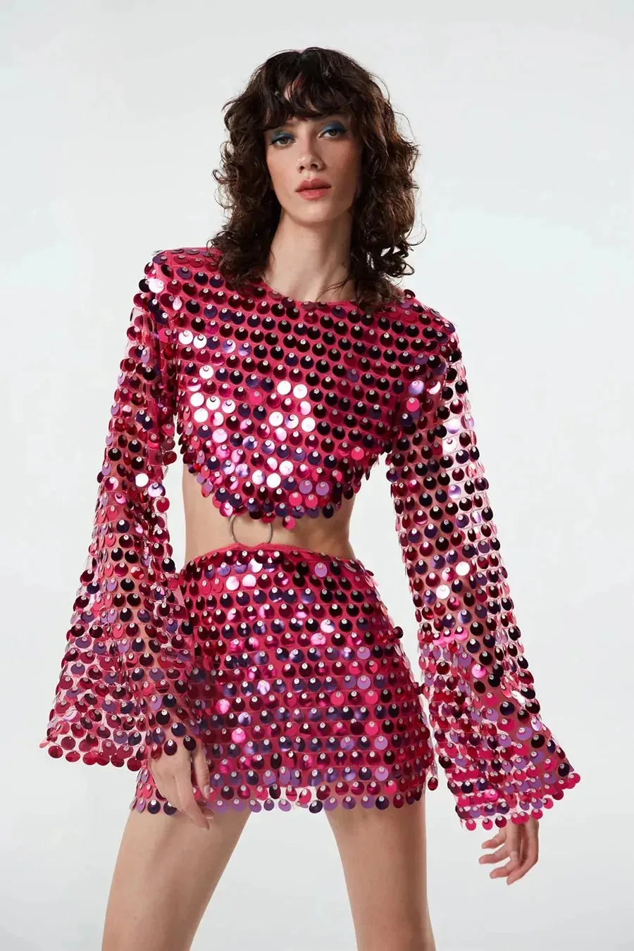 Sequin Embellished Cut-Out Mini Dress with Long Sleeves Round Neck