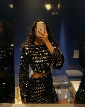 Sequin Embellished Cut-Out Mini Dress with Long Sleeves Round Neck