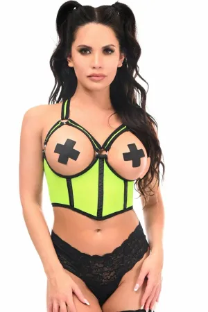 Sexy Neon Green Underwire Open Cup Mesh Cincher with Criss Cross Back