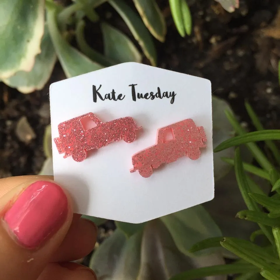 Sparkly Jeep Stud Acrylic Earrings CHOOSE YOUR COLOR (18 available)