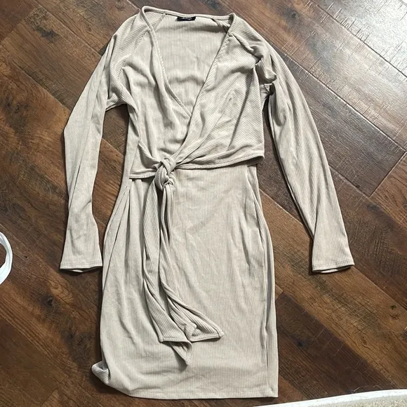 Vici Cream Ribbed Wrap Long Sleeve Dress Size XL