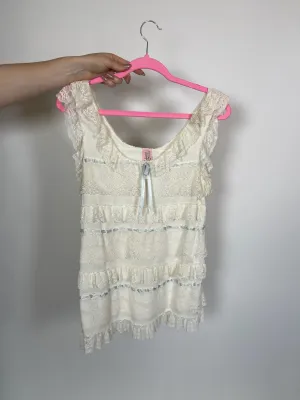 Vintage 60s "Saramal Lingerie" White Lace Dress With Blue Ribbon - Best Fits Size S-L