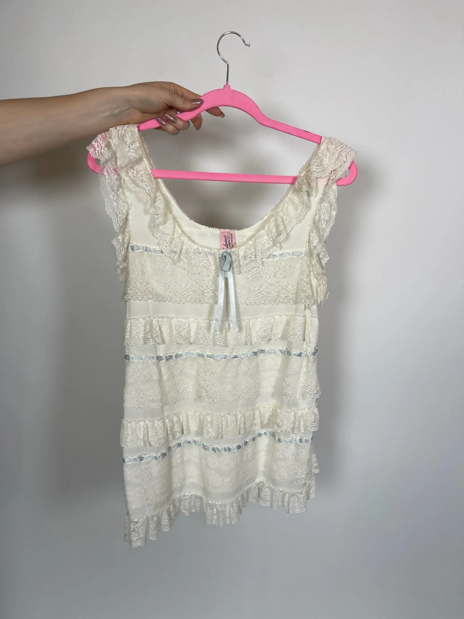 Vintage 60s "Saramal Lingerie" White Lace Dress With Blue Ribbon - Best Fits Size S-L