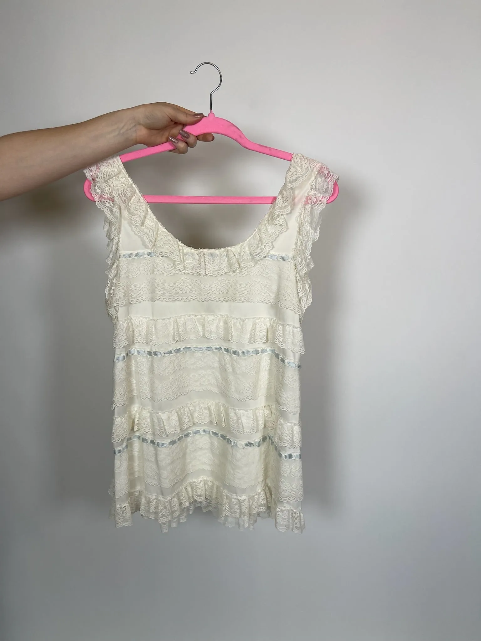 Vintage 60s "Saramal Lingerie" White Lace Dress With Blue Ribbon - Best Fits Size S-L