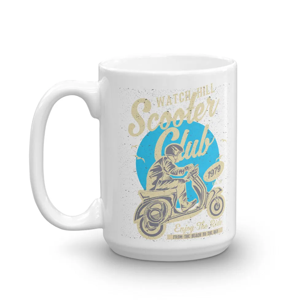 Watchill’n ‘Scooter Club’ Ceramic Mugs in 11oz. or 15oz. (Creme/Cyan)