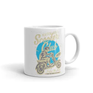 Watchill’n ‘Scooter Club’ Ceramic Mugs in 11oz. or 15oz. (Creme/Cyan)