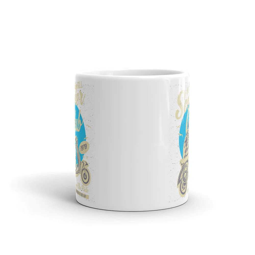 Watchill’n ‘Scooter Club’ Ceramic Mugs in 11oz. or 15oz. (Creme/Cyan)