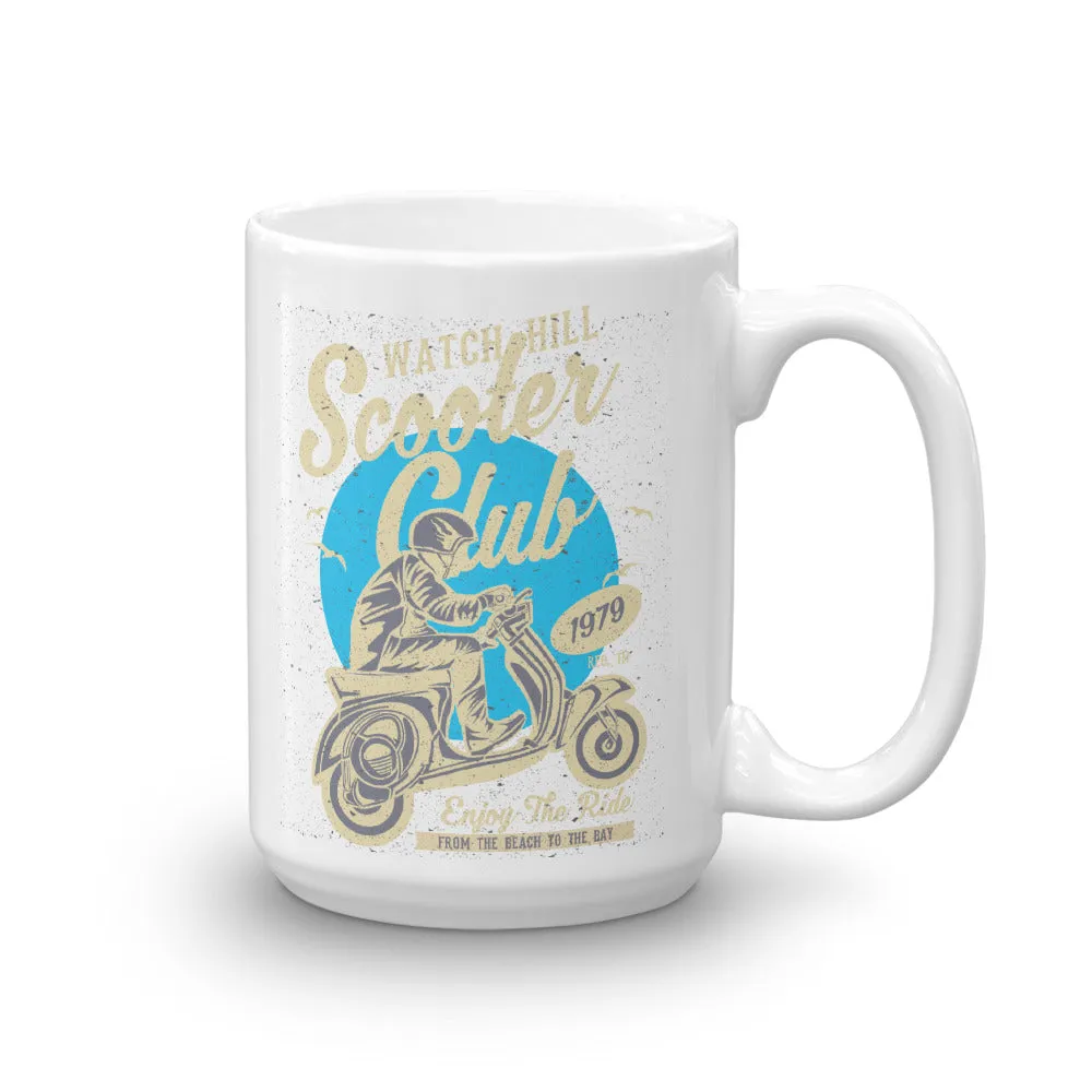 Watchill’n ‘Scooter Club’ Ceramic Mugs in 11oz. or 15oz. (Creme/Cyan)
