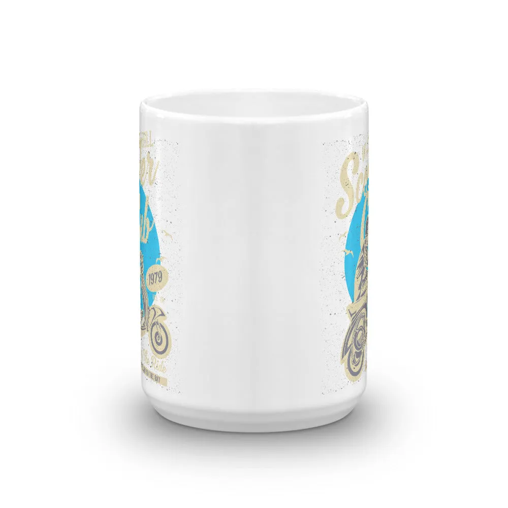 Watchill’n ‘Scooter Club’ Ceramic Mugs in 11oz. or 15oz. (Creme/Cyan)