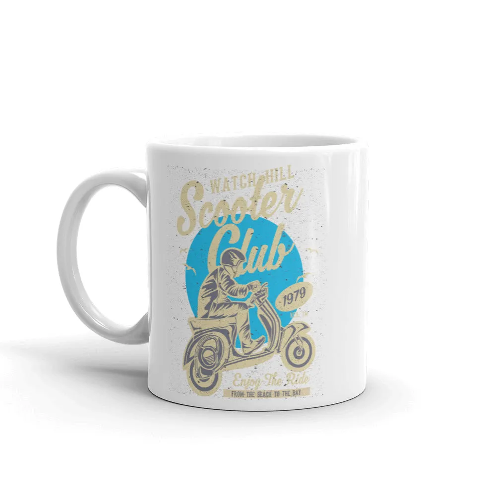 Watchill’n ‘Scooter Club’ Ceramic Mugs in 11oz. or 15oz. (Creme/Cyan)