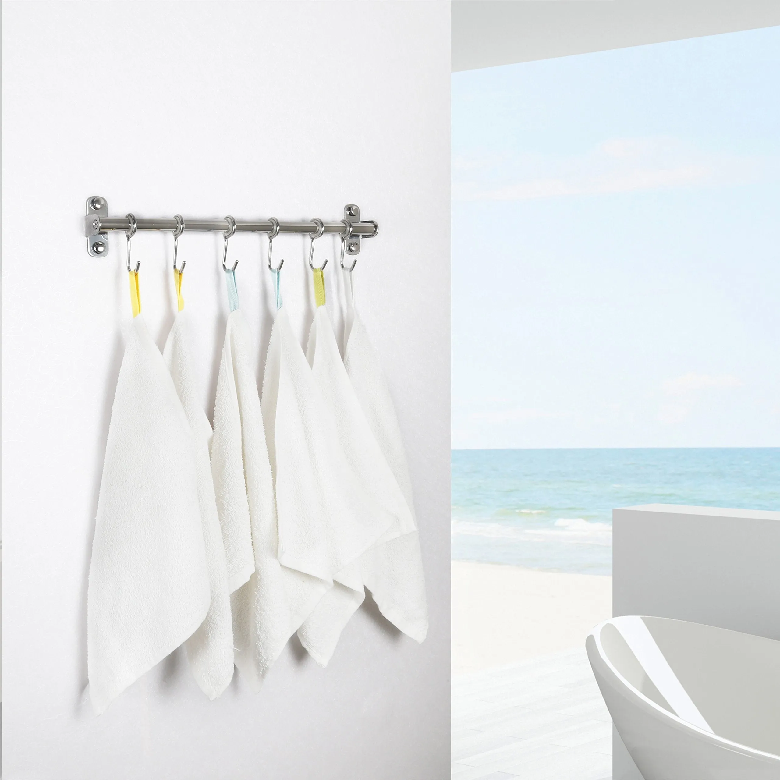 WEBI Kitchen Sliding Hooks, Solid Stainless Steel Hanging Rack Rail with 14 Utensil Removable S Hooks for Towel, Pot Pan, Spoon, Loofah, Bathrobe, Wall Mounted