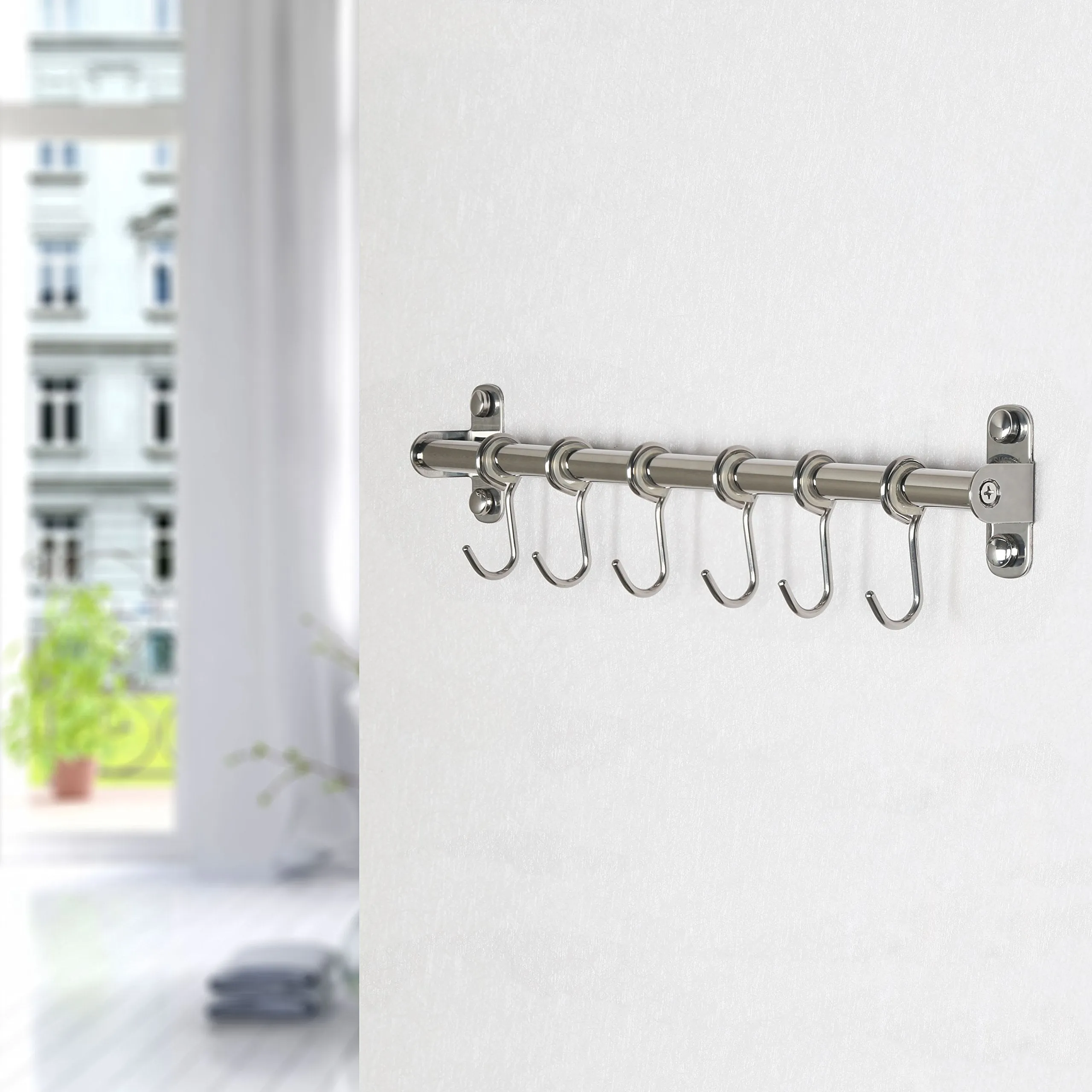 WEBI Kitchen Sliding Hooks, Solid Stainless Steel Hanging Rack Rail with 14 Utensil Removable S Hooks for Towel, Pot Pan, Spoon, Loofah, Bathrobe, Wall Mounted