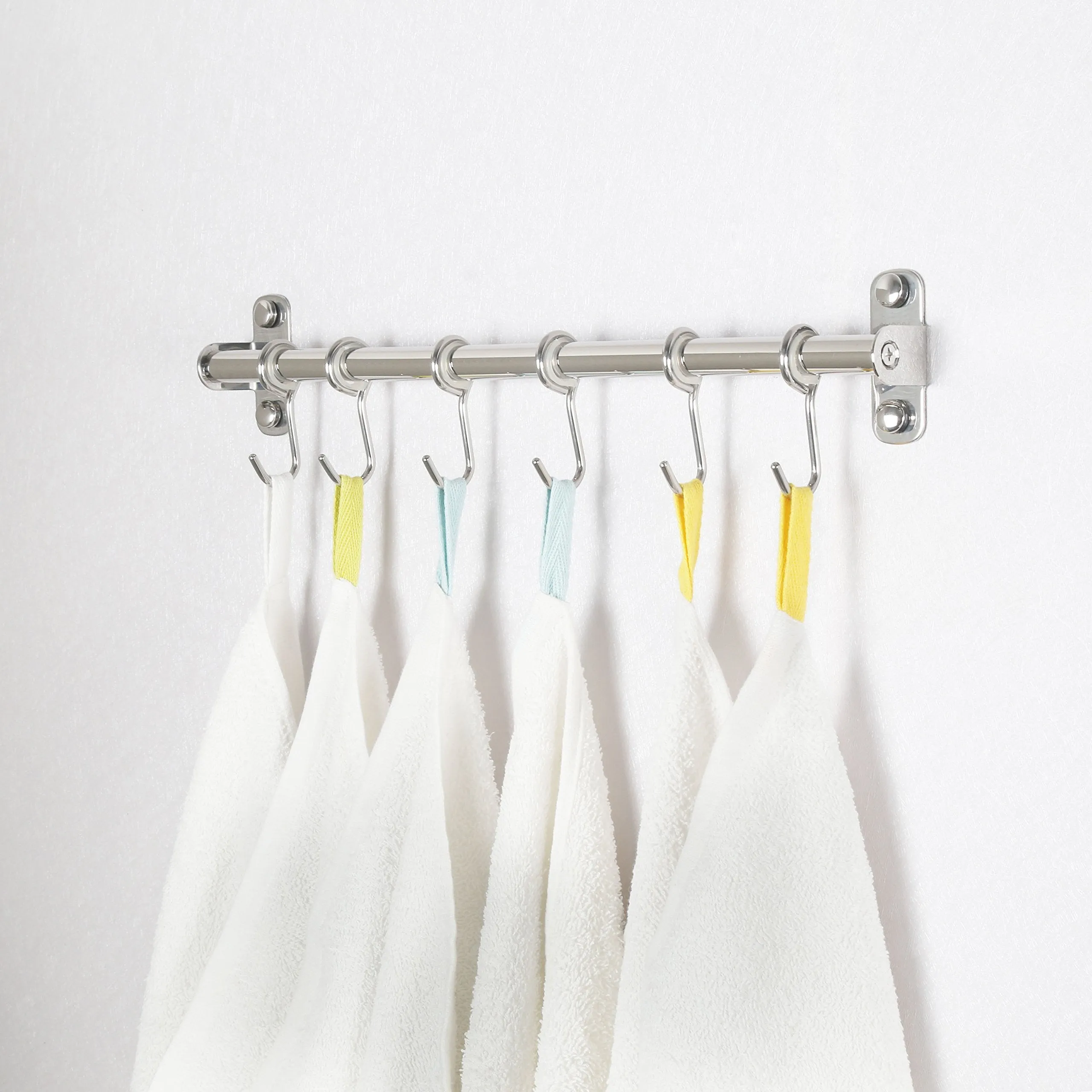 WEBI Kitchen Sliding Hooks, Solid Stainless Steel Hanging Rack Rail with 14 Utensil Removable S Hooks for Towel, Pot Pan, Spoon, Loofah, Bathrobe, Wall Mounted