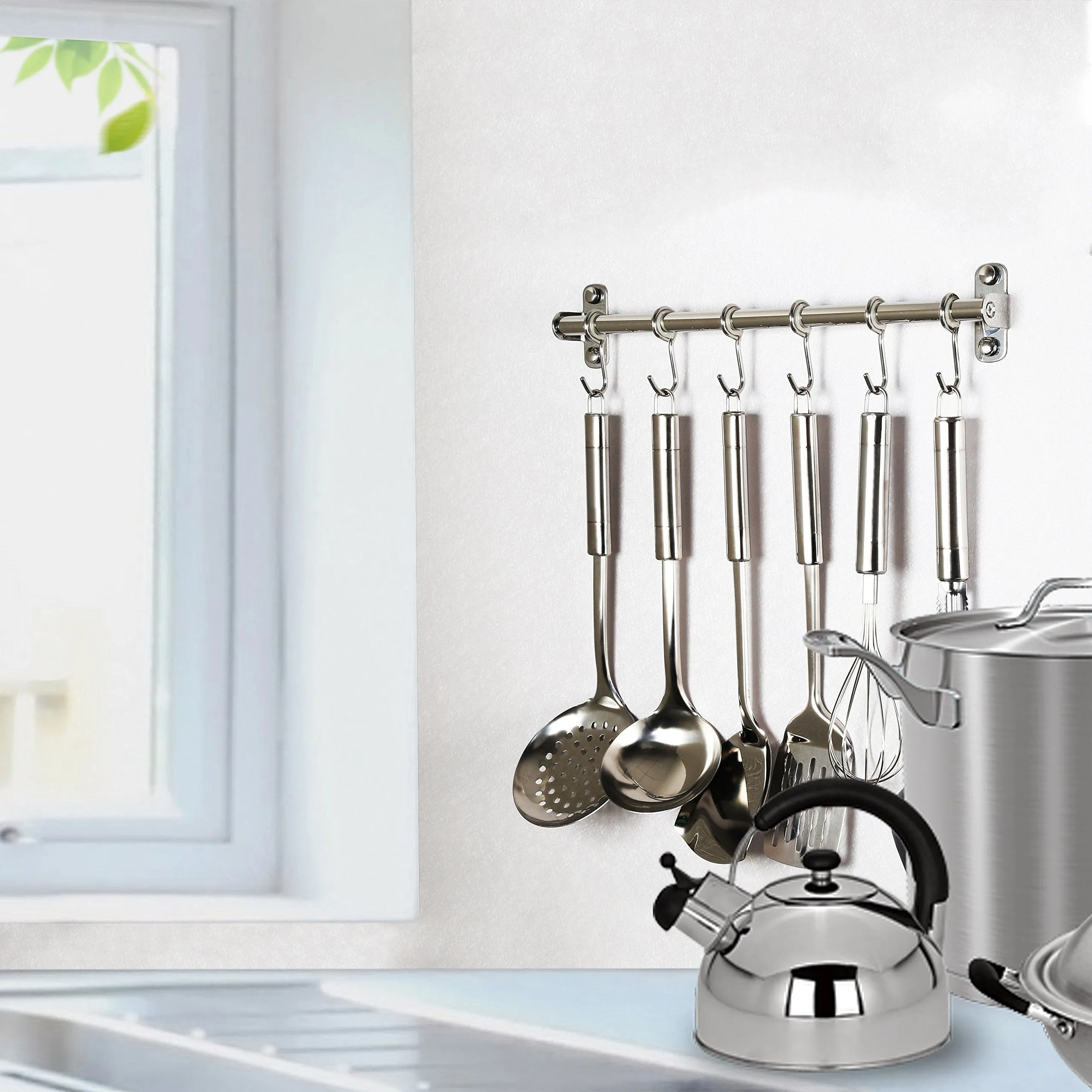 WEBI Kitchen Sliding Hooks, Solid Stainless Steel Hanging Rack Rail with 14 Utensil Removable S Hooks for Towel, Pot Pan, Spoon, Loofah, Bathrobe, Wall Mounted