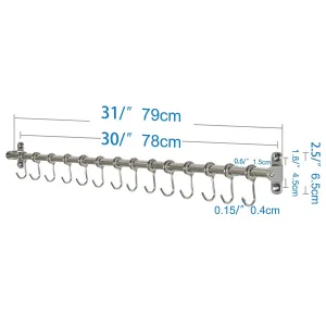 WEBI Kitchen Sliding Hooks, Solid Stainless Steel Hanging Rack Rail with 14 Utensil Removable S Hooks for Towel, Pot Pan, Spoon, Loofah, Bathrobe, Wall Mounted