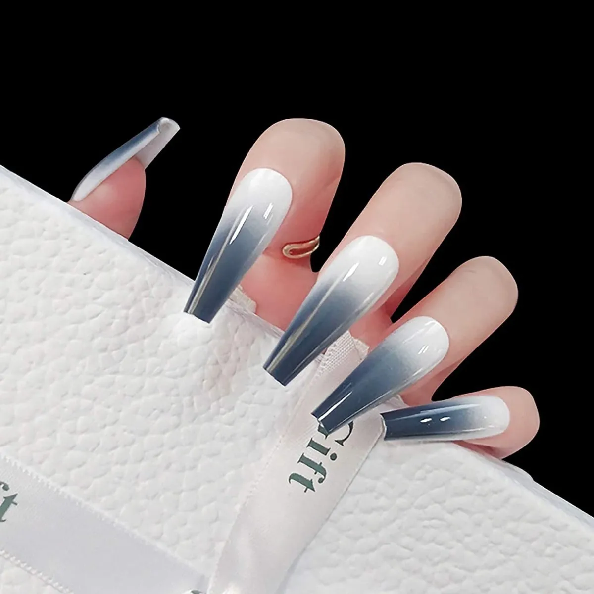 White Press On Nails Gray Ombre Glossy Coffin Nail Kit